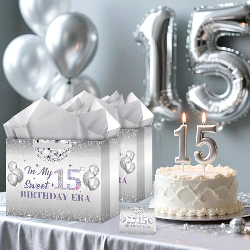 Iridescent 15th Birthday Gift Bag Set with Wrapping Paper and Card