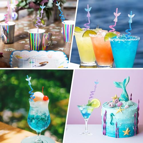 ZXOPM 12pcs Glitter Mermaid Drinking Straws with Mermaid Tail & Bow Charm - Party Favors for Mermaid Birthday