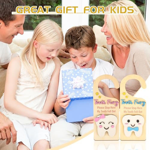 Tooth Fairy Door Hanger Kit for Kids - Wooden Sign & Coins Set