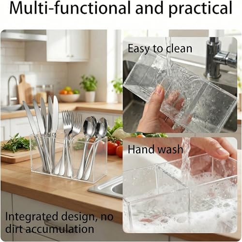 Daxilonyz 3-Section Acrylic Cutlery Organizer, Transparent Medium Holder