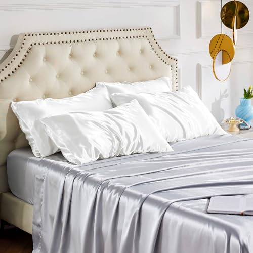Bedsure Queen Satin Pillowcases Set of 4 - Pure White, Silk-like Texture