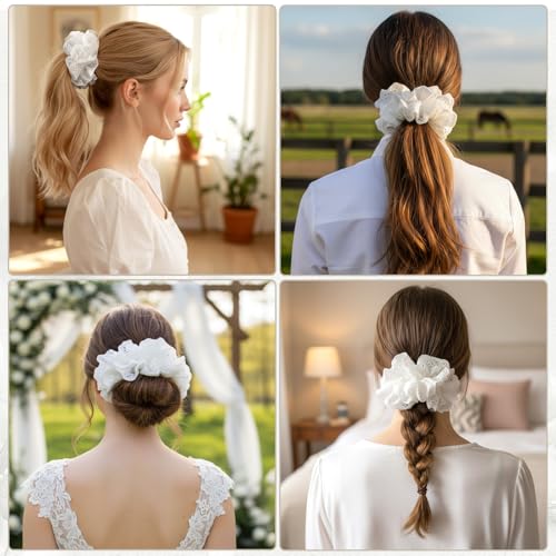 Nogeqi White Lace Scrunchie Large Ruffle Hair Tie for Thick Hair