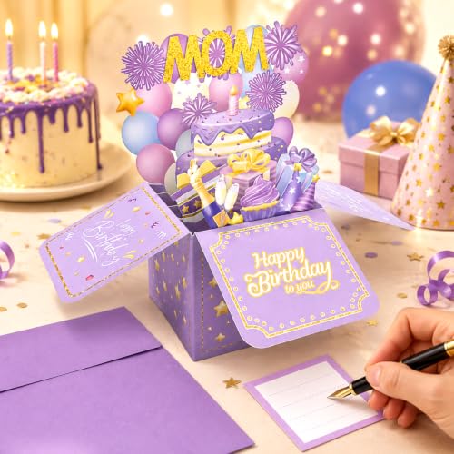 3D Pop Up Birthday Card for Mom - Purple and Gold Cake Design with Envelope