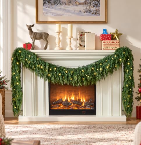 9FT Christmas Cedar Garland - Pre-Lit & Realistic Greenery with 8 Lighting Modes - Cascade Cedar Style, 2 Pack