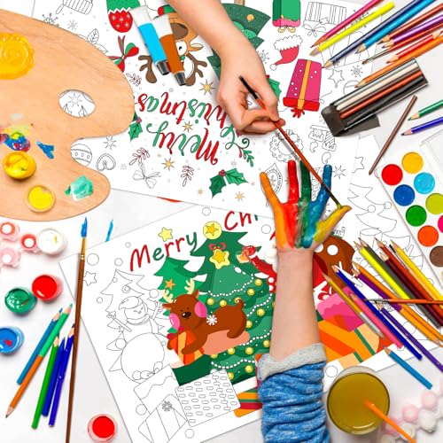 Merry Christmas Disposable Kids Place Mats - 12 Coloring Sheets 17x11 Inches