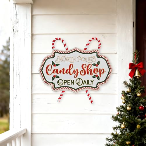 Christmas Metal Wall Sign Candy Shop Xmas Front Door Hanger Decor Holiday Indoor Outdoor 15.75x13.58 - Candy Shop Variation