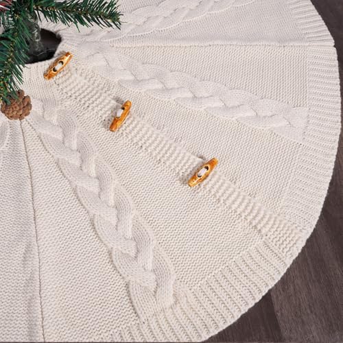 48 Inch White Knitted Christmas Tree Skirt - Cream Toggle Buttons - Holiday Decor