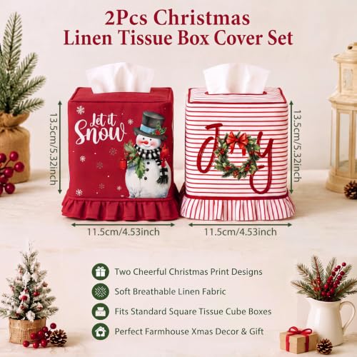 Snowman Tissue Box Cover - 2 Piece Christmas Linen Decor with Ruffled Edges