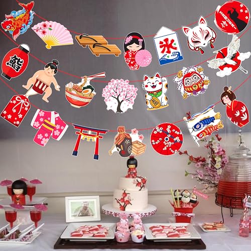 Japanese Themed Party Banner Set - 3 Pre-Strung Sakura & Kitsune Decorations