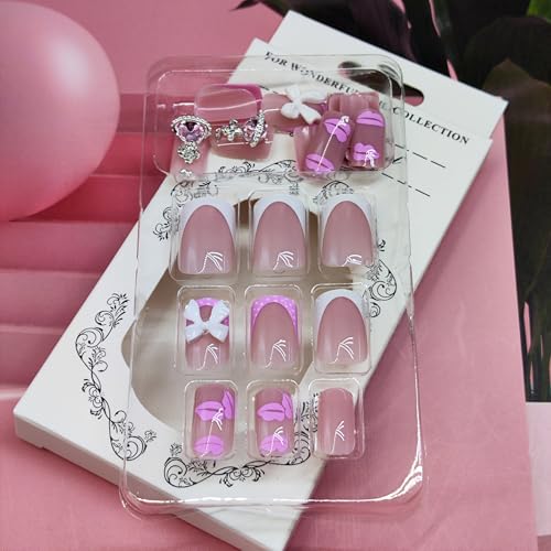 Pink French Tip Press on Nails Short Square Fake Nails with 3D Bow Rhinestones