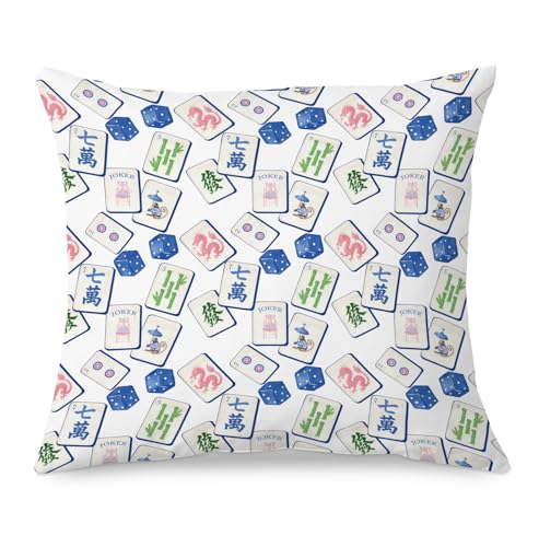 Blue Chinoiserie Mahjong 18x18 Flannel Pillow Cover - Mahjong Decor