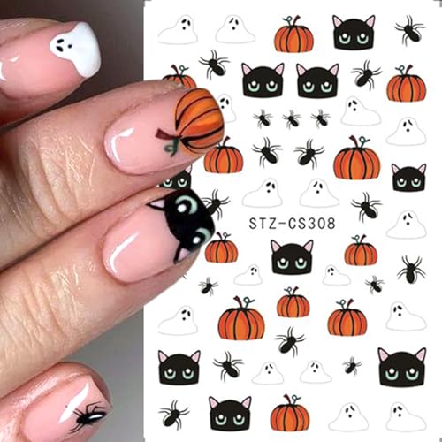 Halloween Nail Stickers 6-Sheet 3D Self-Adhesive Ghost Pumpkin & Black Cat Nail Art Decals