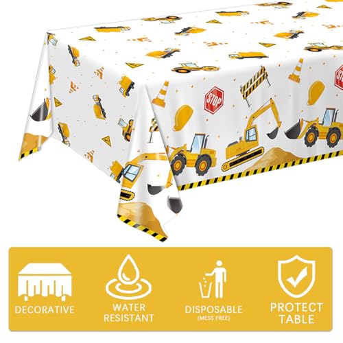Construction Tablecloths Pack - 3 Plastic Table Covers for Birthday Party Decorations, 54 x 108 Inches