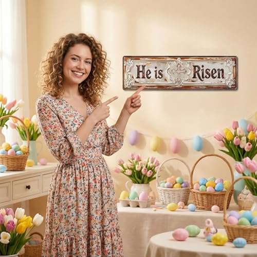 He Is Risen Easter Decor Sign - 4x16in Christian Plaque