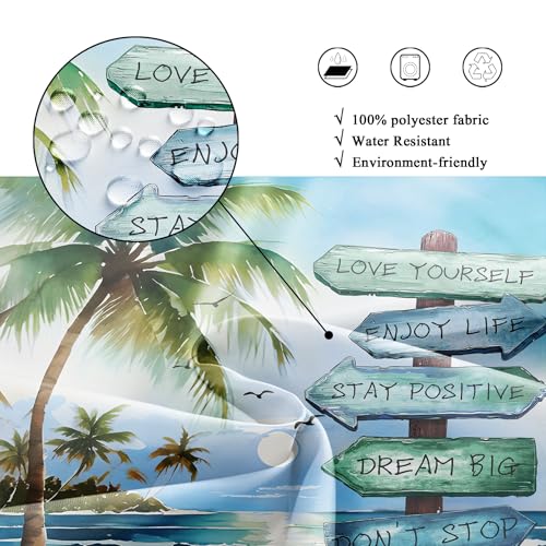 Riyidecor Tropical Palm Tree Shower Curtain 72x72 Inches with 12 Hooks - Coastal Beach Nautical Design Waterproof Fabric