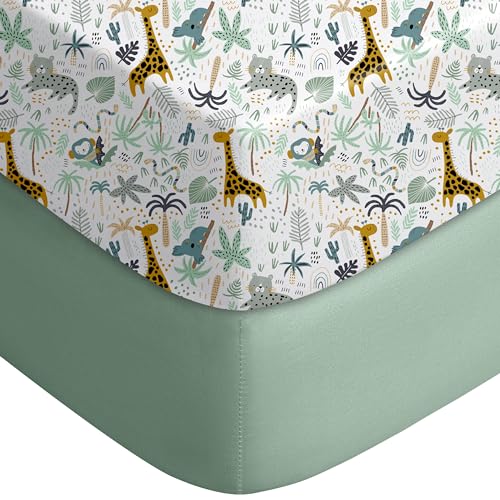Yoofoss Pack and Play Sheets - 38x26 Fitted Mini Crib Bedding, Green & Giraffe