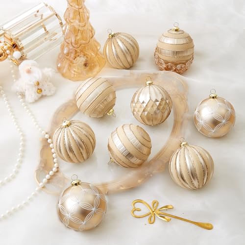 Velvet Christmas Ornaments 12Pcs - Champagne Gold & Cream Flocked Shatterproof Decorations