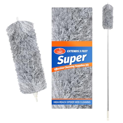 Gray Feather Duster with Extension Pole & Flexible Head for Cleaning