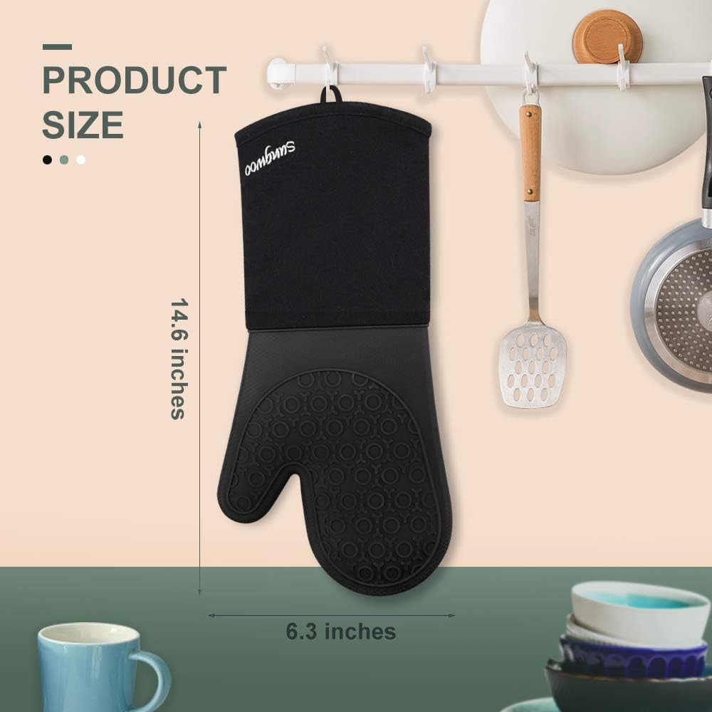 Sungwoo Extra Long Silicone Oven Mitts - Heat Resistant, Non-Slip Grip for BBQ & Baking | 14.6 Inch Black
