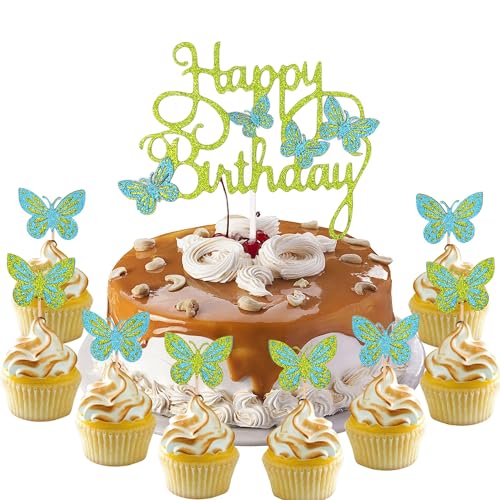 Happy Birthday Cake Toppers Set - 13 Pcs Butterfly & Glitter