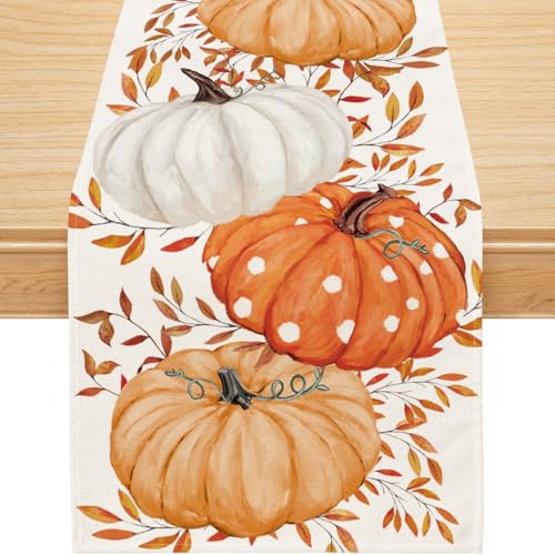 Fall Table Runner with Pumpkin Eucalyptus Design - 13x72 Inch Seasonal Decor