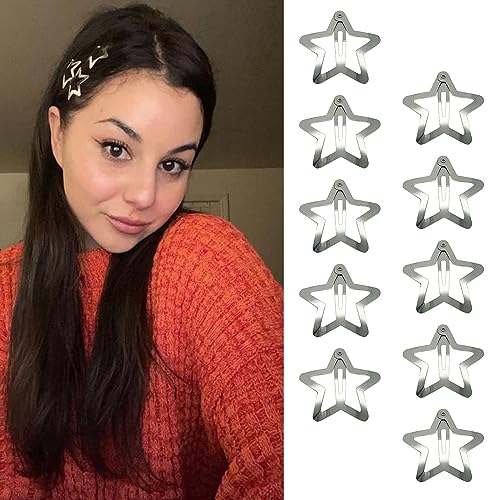 GKETN 10-Pack Y2K Metal Star Hair Clips Non-Slip Silver Barrettes