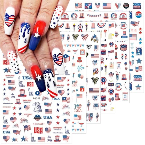 BUNLVDI 6 Sheets 4th of July Independence Day Nail Art Stickers Decals