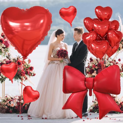 KYGNE 10Pcs Red Heart & Bow Foil Balloon Set for Parties