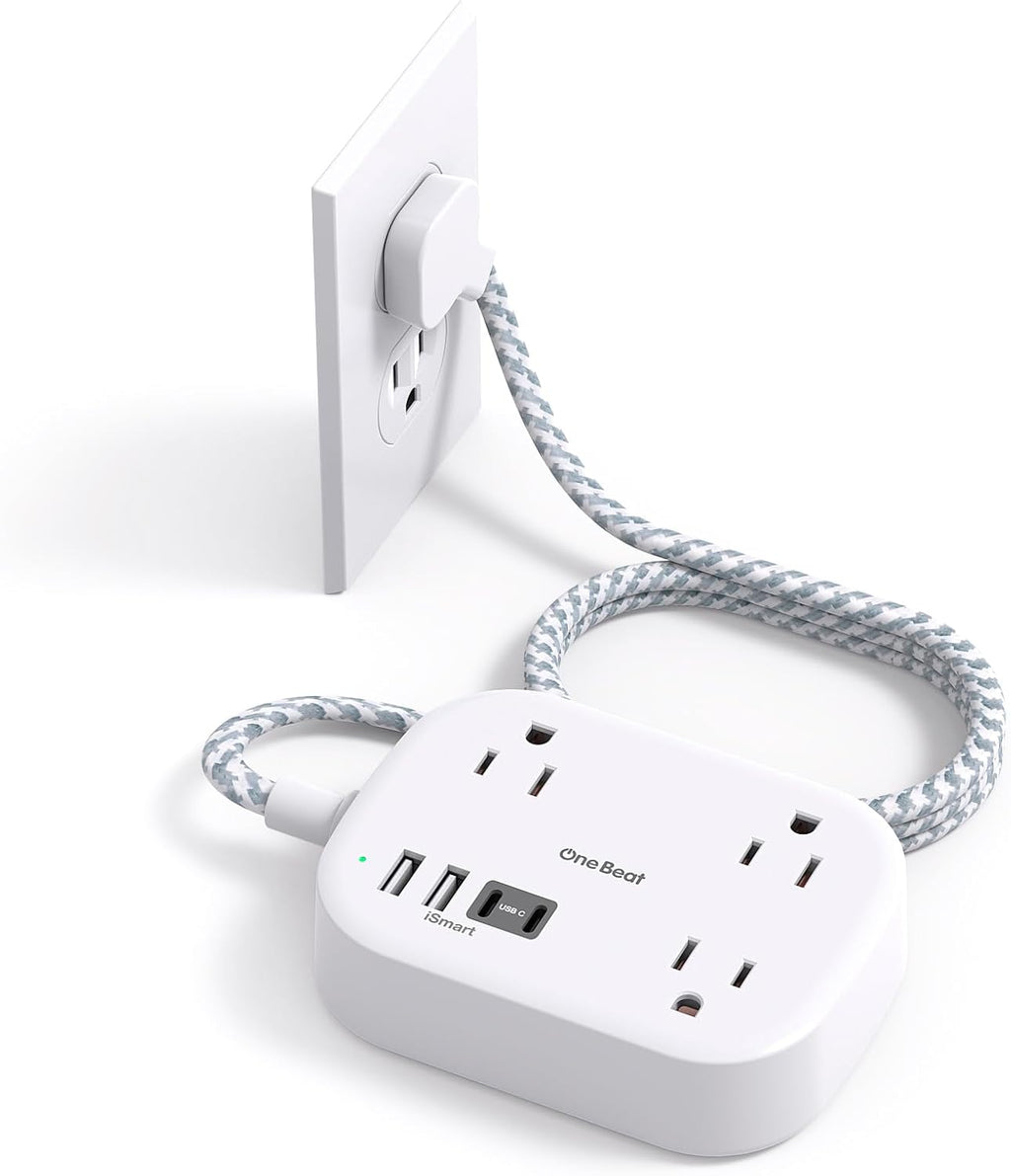 One Beat Travel Power Strip - 3 Outlets & 4 USB Ports (2 USB-C) | 5 ft Flat Plug Extension Cord for Cruise & Dorm Room