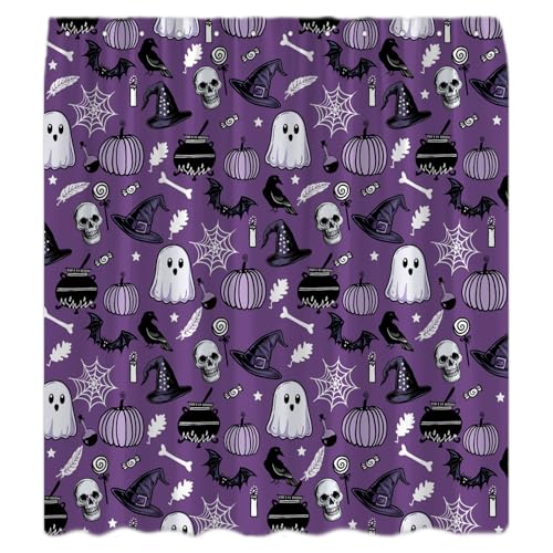 Purple Halloween Shower Curtain 70" x 70" with Ghosts & Skulls