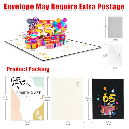 65th Birthday Pop Up Card - 3D Greeting Card with Balloons & Cake