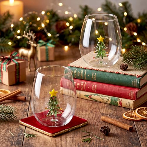 Christmas Tree Stemless Wine Glasses - 3D Tree Inside, Set of 2 - Holiday Decor