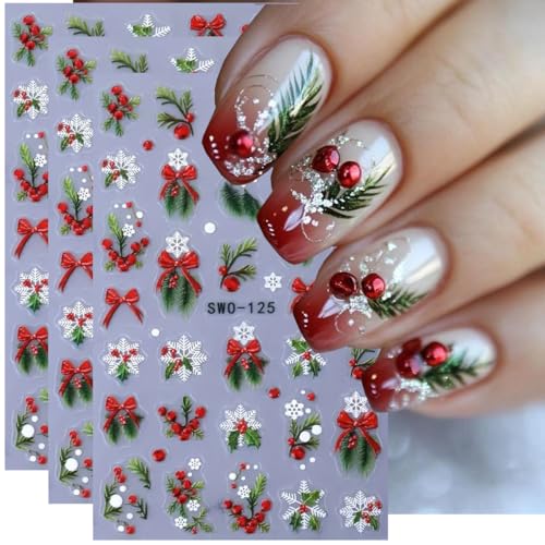 Christmas 3D Nail Art Stickers Decals - Winter Snowflake & Holly (3 Sheets)
