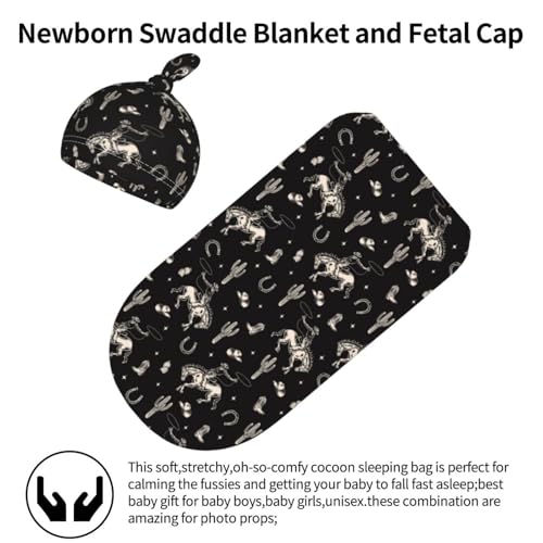Broiteid Newborn Baby Swaddle Blanket and Beanie Hat Set - Cowboy Western