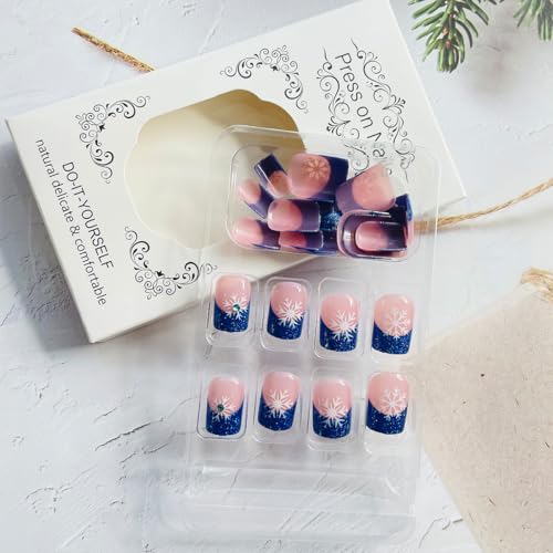 Christmas Press On Nails Short Square Blue Glitter French Fake Nails