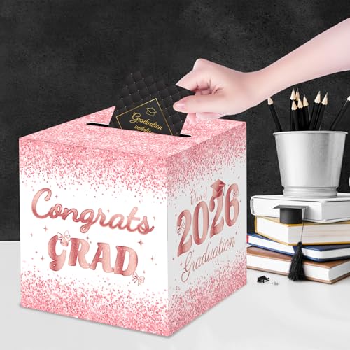 Elegant Pink Graduation Card Box - Rose Gold Decor for Parties