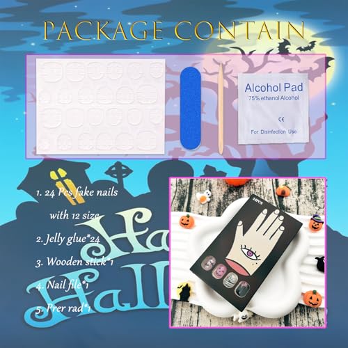 Halloween Press On Nails Short Square Fake Nails Ghost Spider Web Bat