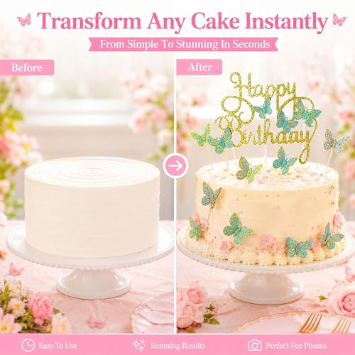 Happy Birthday Cake Toppers Set - 13 Pcs Butterfly & Glitter