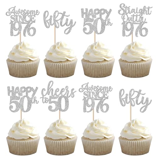 50th Birthday Cupcake Toppers Silver Glitter 30 Pack Cake Decorations