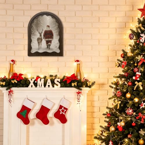 Santa and Reindeer Wood Framed Arch Sign - Christmas Tabletop Decor - Variation 03