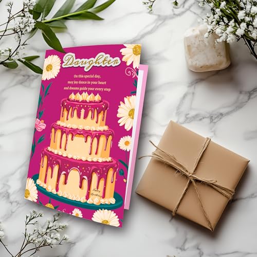 TzenvoGift Birthday Card for Daughter with Gold Foil Cake Design 5.6x8.1