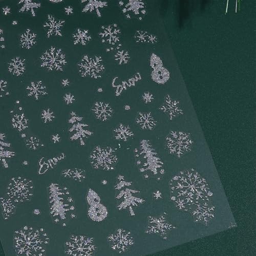 Glitter Christmas Nail Stickers Winter Silver Snowflake Elk Decals 5 Sheets