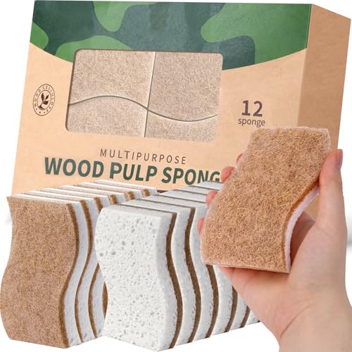 12-Pack Natural Kitchen Sponges, Biodegradable Cellulose & Coconut Scrubbers
