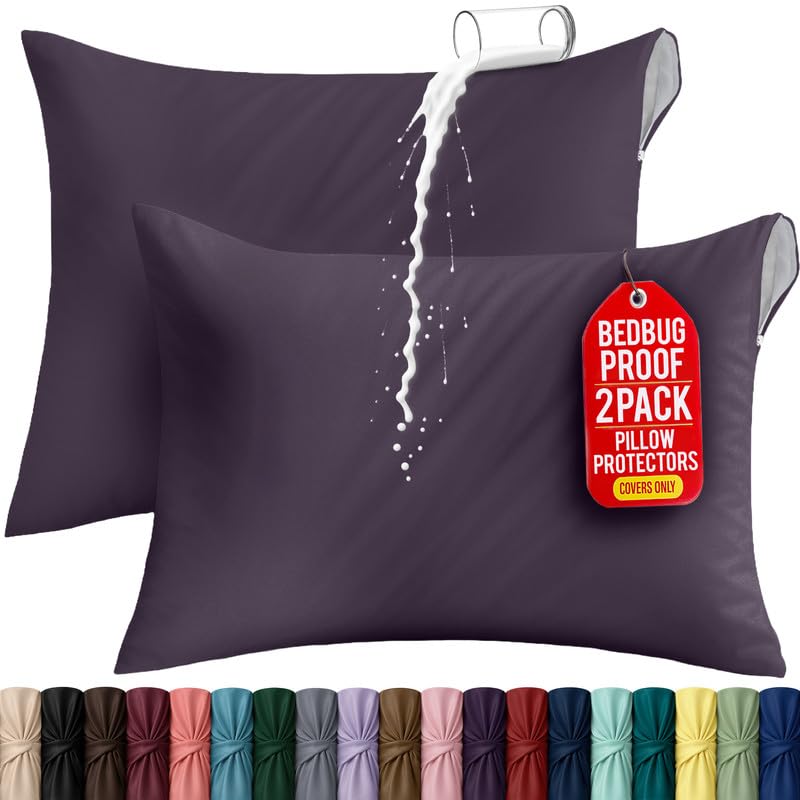 King Size Pillow Protectors with Zipper - Pack of 2, Waterproof, Bed Bug & Dust Mite Proof, Purple