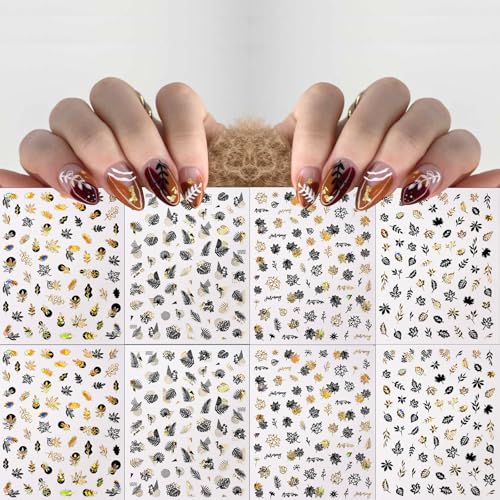 Black Gold Fall Maple Leaf Nail Stickers - 8 Sheets Self-Adhesive Autumn Decals