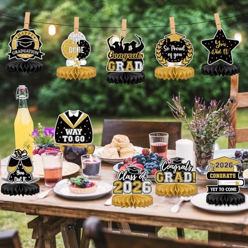 Class of 2026 Graduation Honeycomb Table Centerpieces - Black, 10-Piece Set
