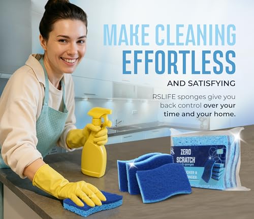 RSLIFE Dual-Sided Blue Scrub Sponges - Pack of 6 for Kitchen & Bath
