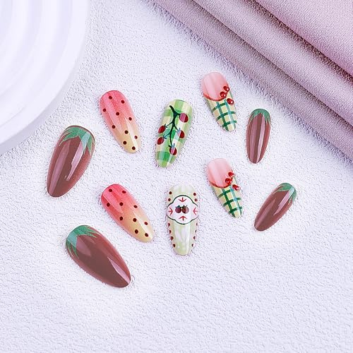 Press On Nails Medium Almond Fruit Theme Reusable Acrylic Fake Nails