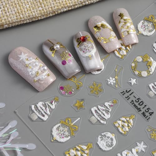 5D Embossed Christmas Nail Art Stickers Winter Crystal Ball Snowman Decals 2 Sheets