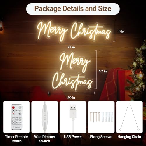 Large 26 Inch Merry Christmas Neon Sign - Warm White Acrylic Wall Decor, USB Dimmable LED Lights for Holiday Parties